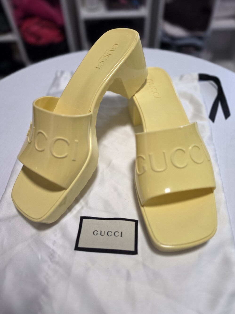 Gucci Pale Yellow Resin Logo Block Heel Slides